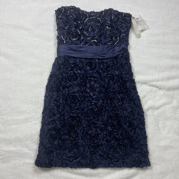 Badgley Mischka 100% Silk Ruffled Beaded‎ Strapless Corset Dress, Blue NWT 4 - Picture 10 of 16
